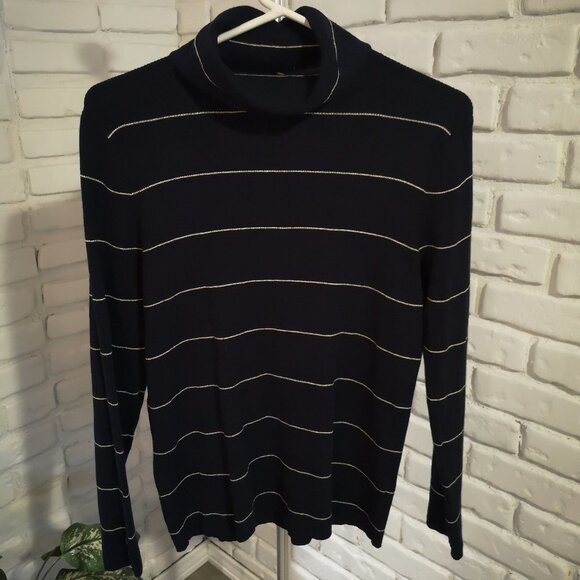 Talbots Ladies Navy with Beige Stripe Lightweight Turtleneck - Picture 1 of 9
